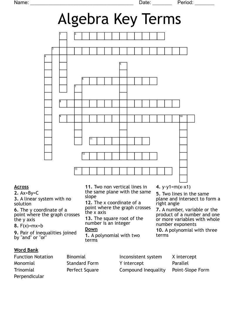 Algebra Key Terms Crossword - WordMint