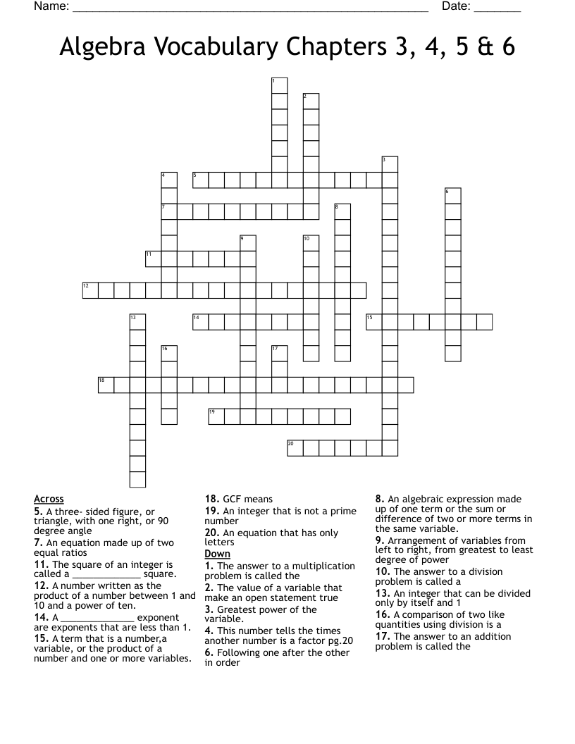 Algebra Vocabulary Chapters 3, 4, 5 & 6 Crossword - WordMint