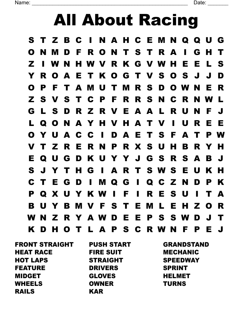 All About Racing Word Search WordMint