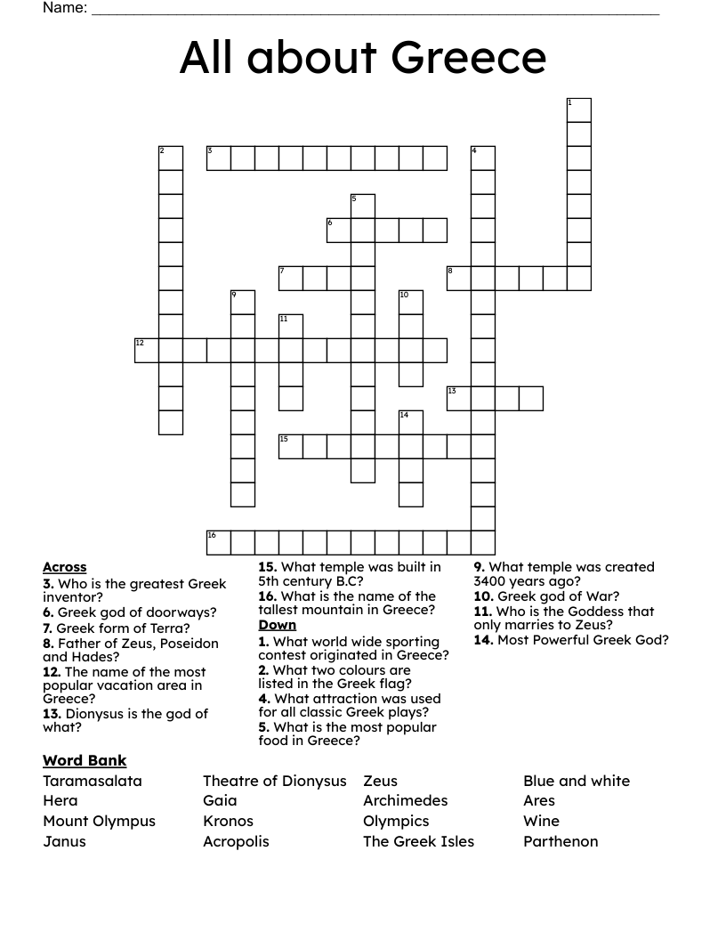 All about Greece Crossword WordMint
