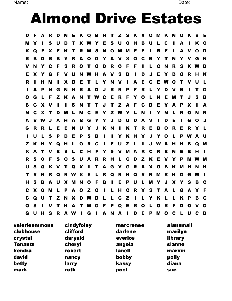 Almond Drive Estates Word Search WordMint