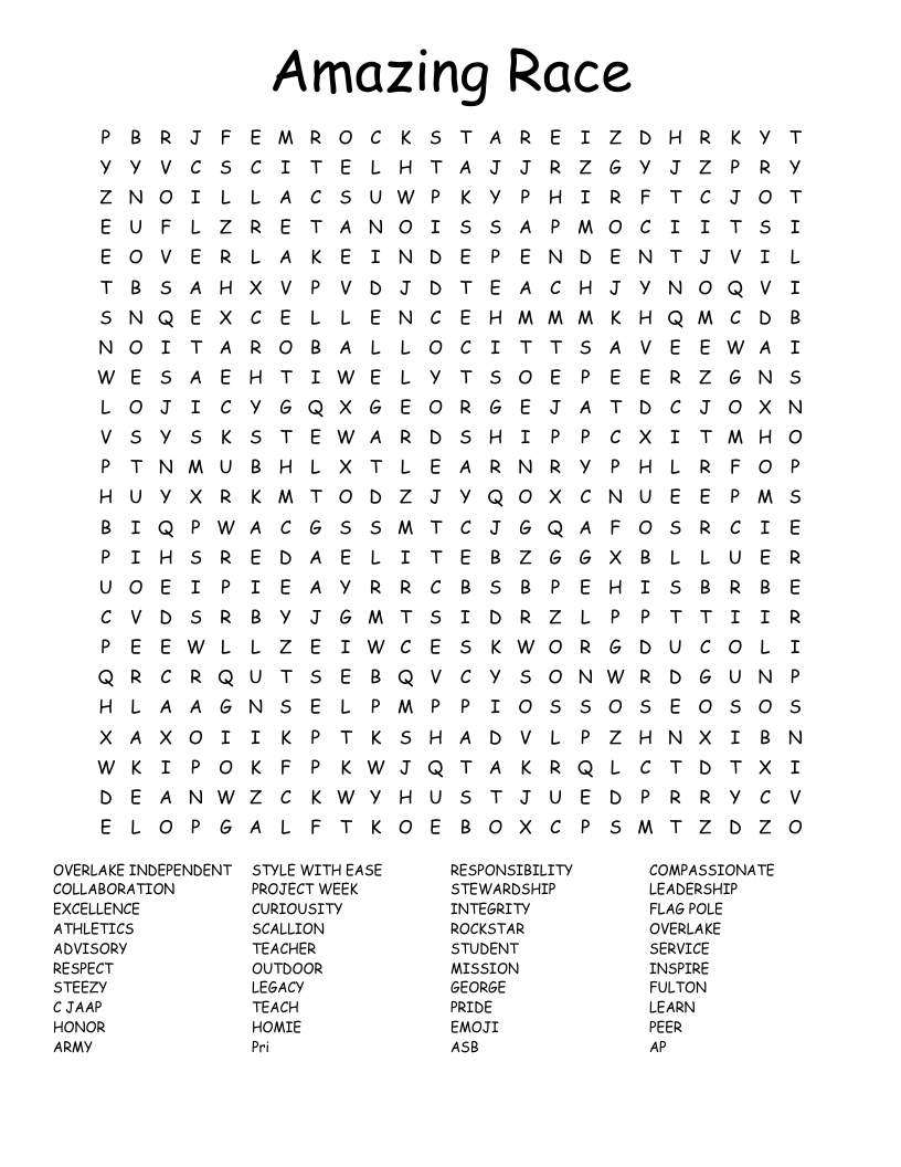 Amazing Race Word Search WordMint