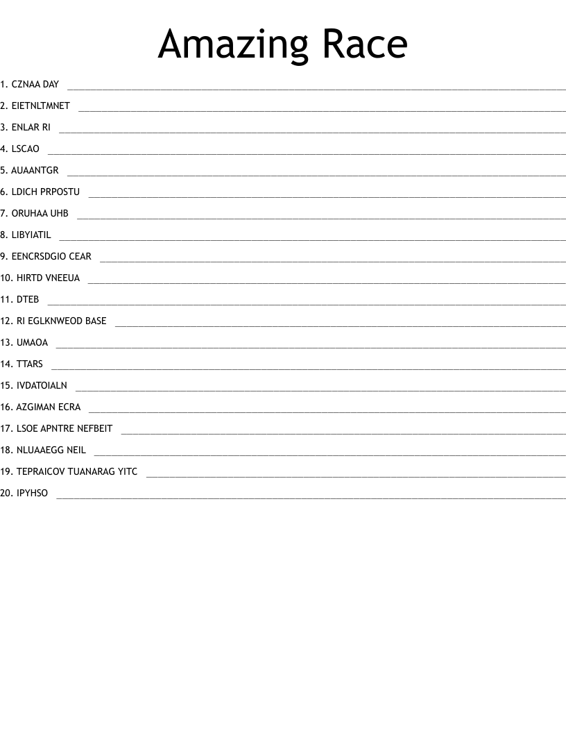 Amazing Race Word Scramble WordMint