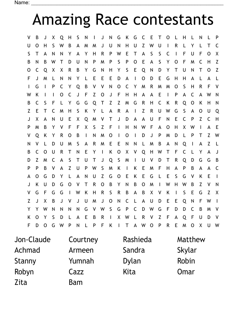 Amazing Race contestants Word Search WordMint