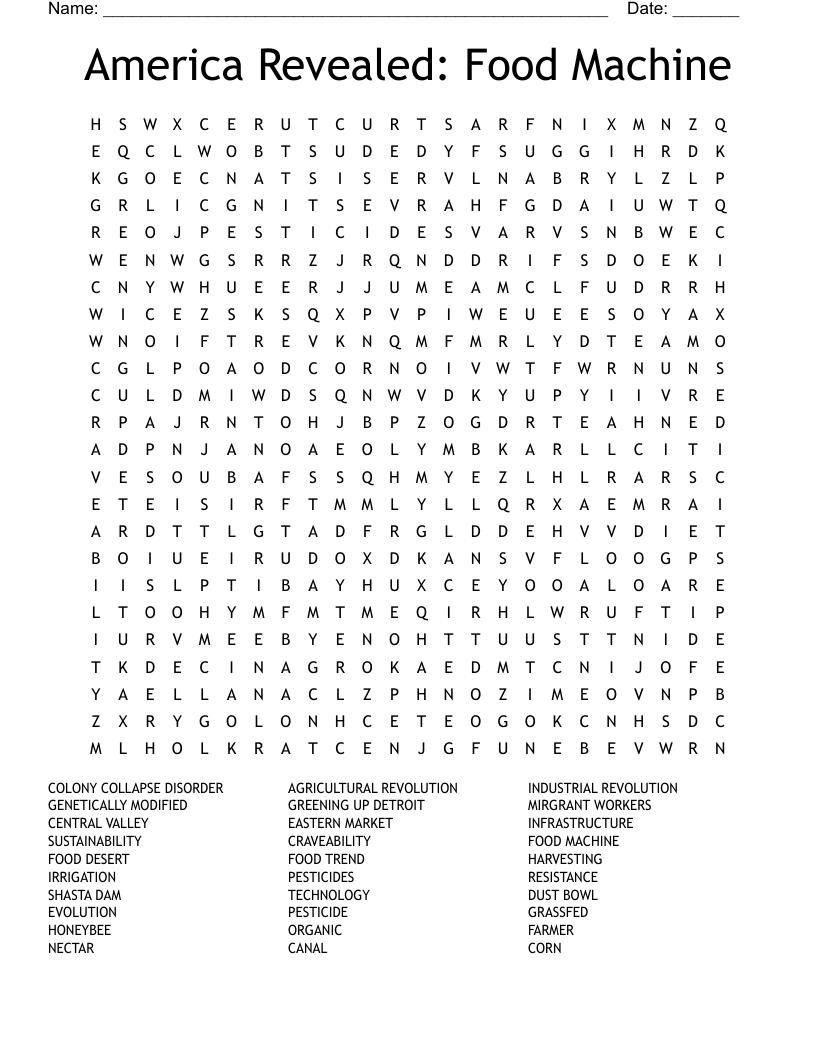 America Revealed Food Machine Word Search WordMint