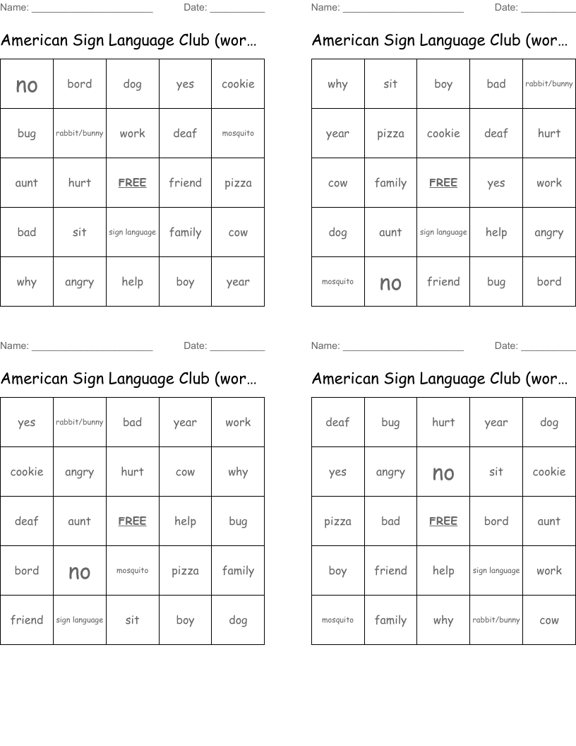 American Sign Language Club (work sheet) Bingo Cards WordMint