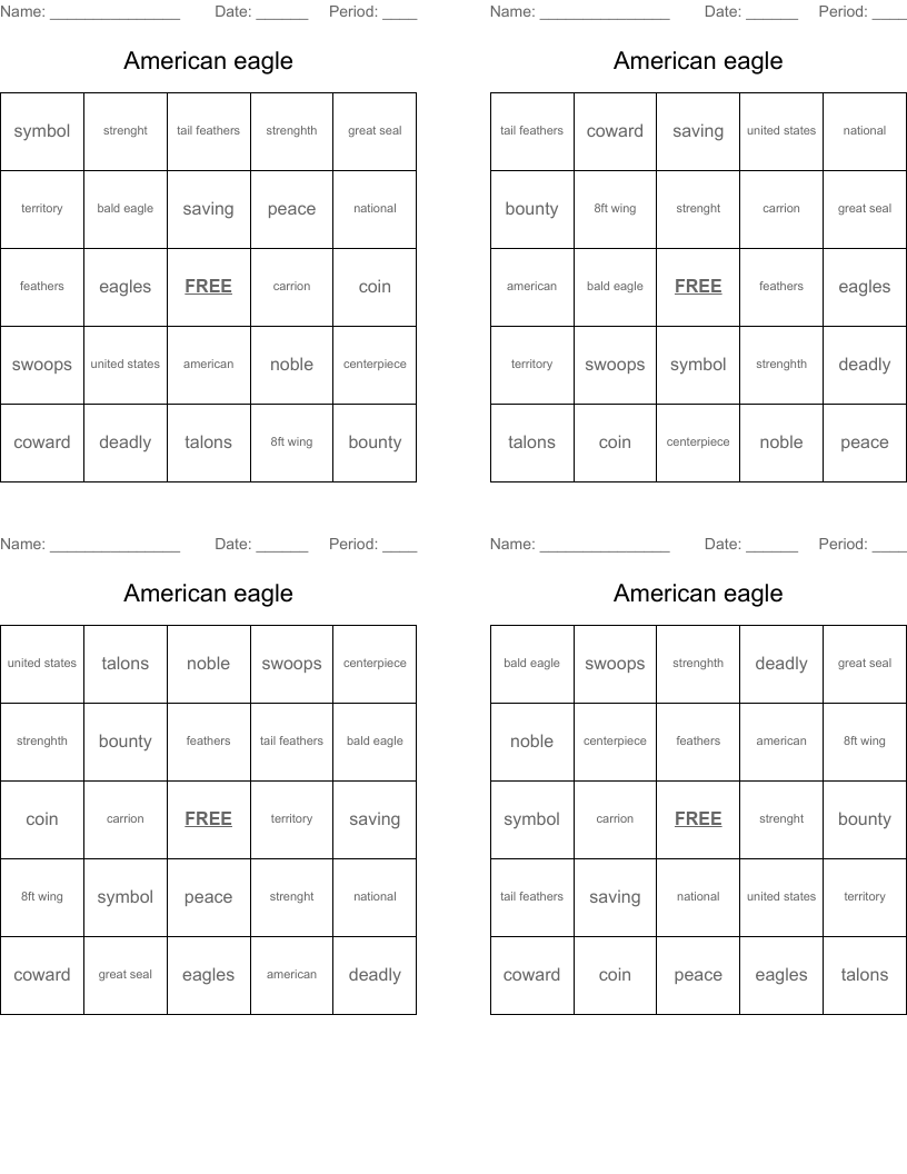 American eagle Bingo Cards WordMint