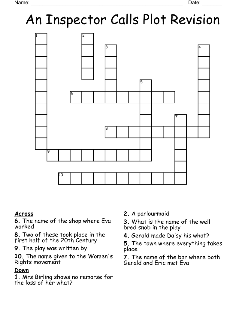 An Inspector Calls Plot Revision Crossword WordMint