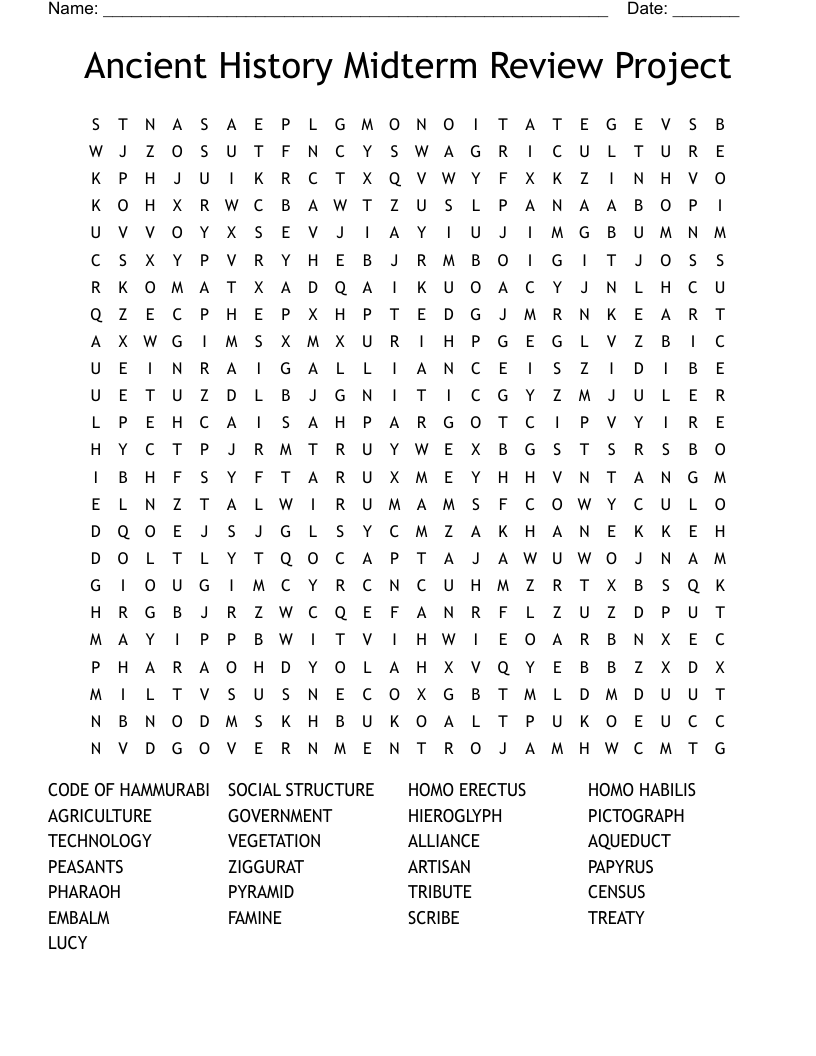 Ancient History Midterm Review Project Word Search WordMint