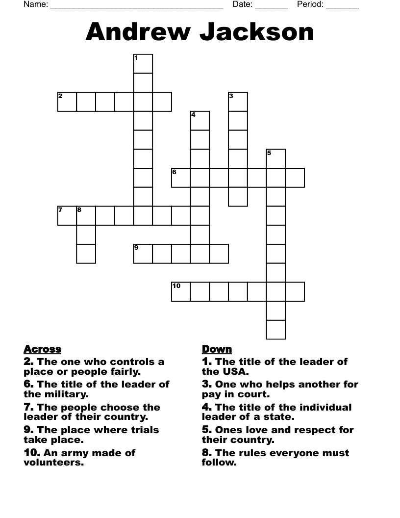 Andrew Jackson Crossword WordMint