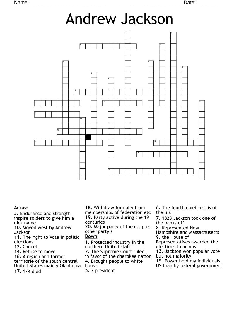 Andrew Jackson Crossword WordMint