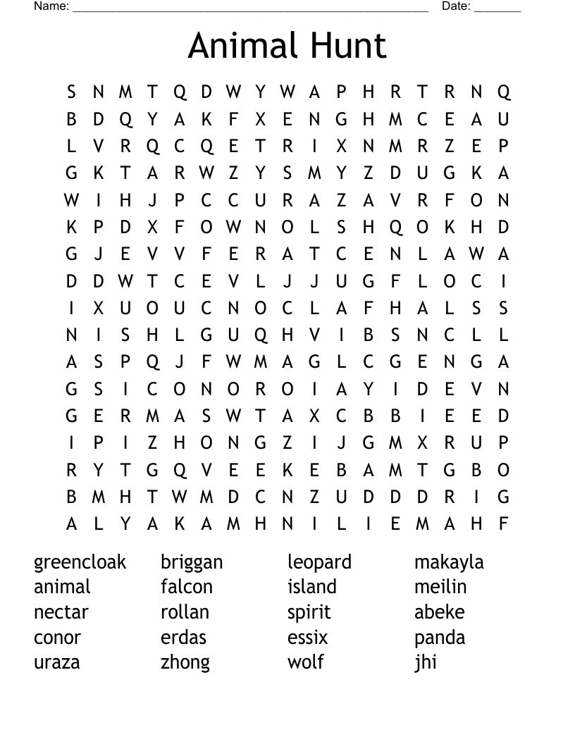 Animal Hunt Word Search WordMint