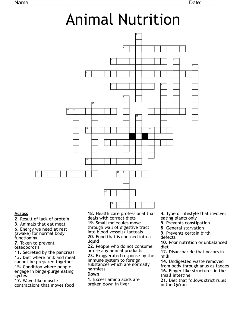 Animal Nutrition Crossword WordMint