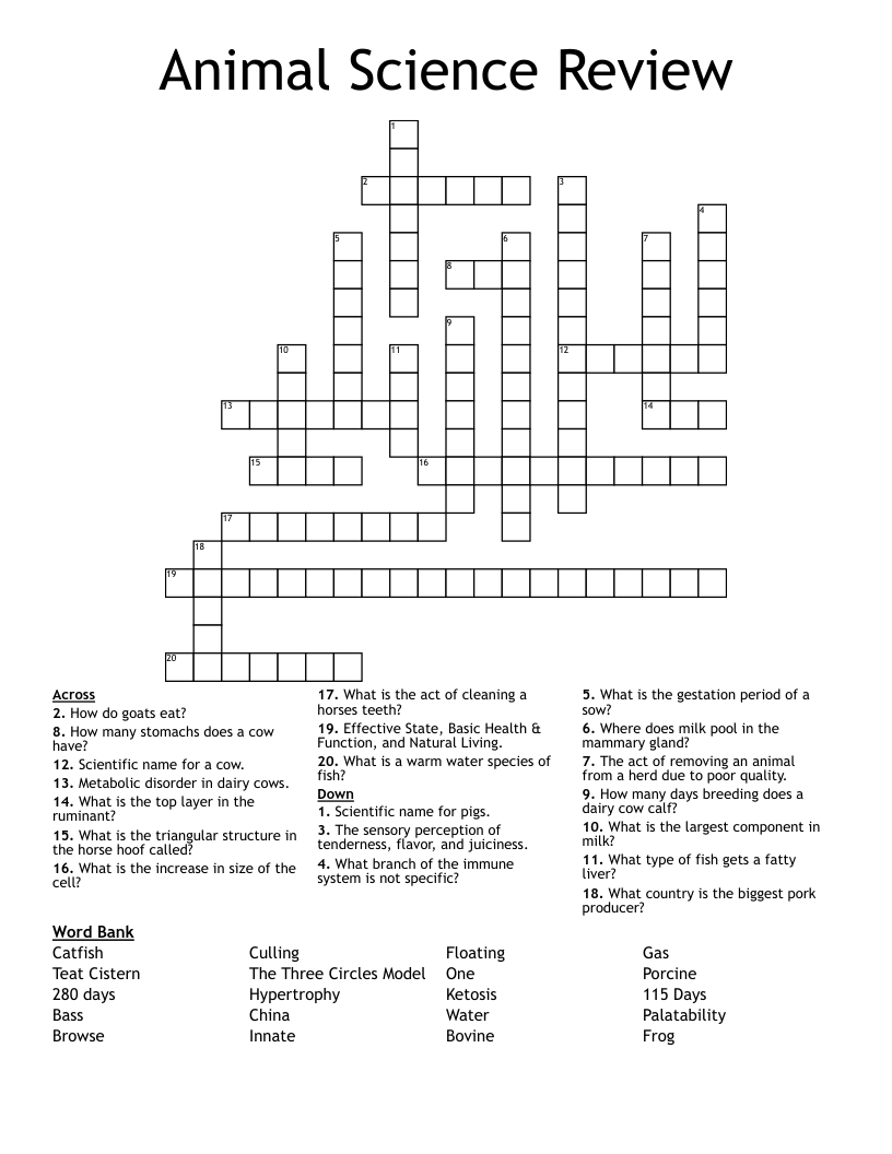 Animal Science Review Crossword - WordMint