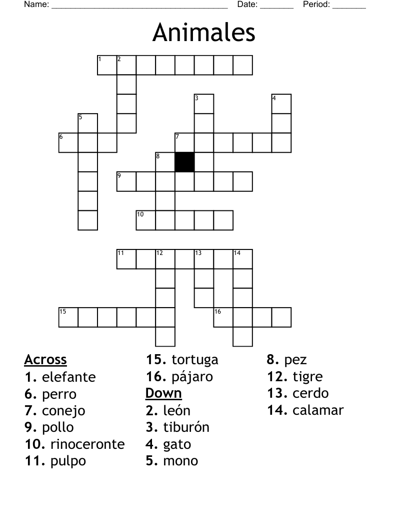 Animales Crossword WordMint