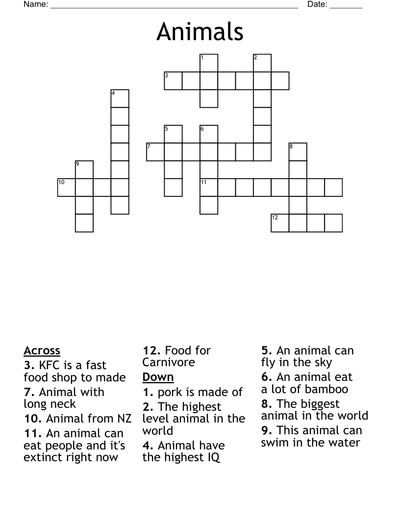 Animals Crossword WordMint