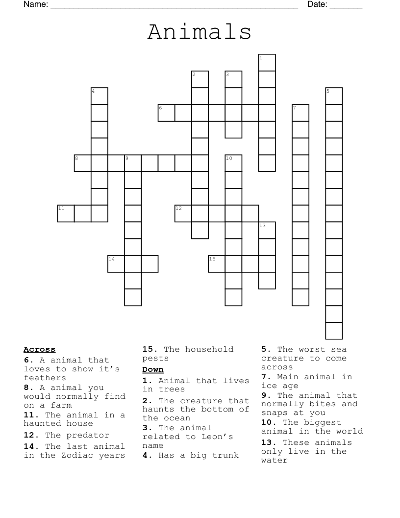 Animals Crossword WordMint