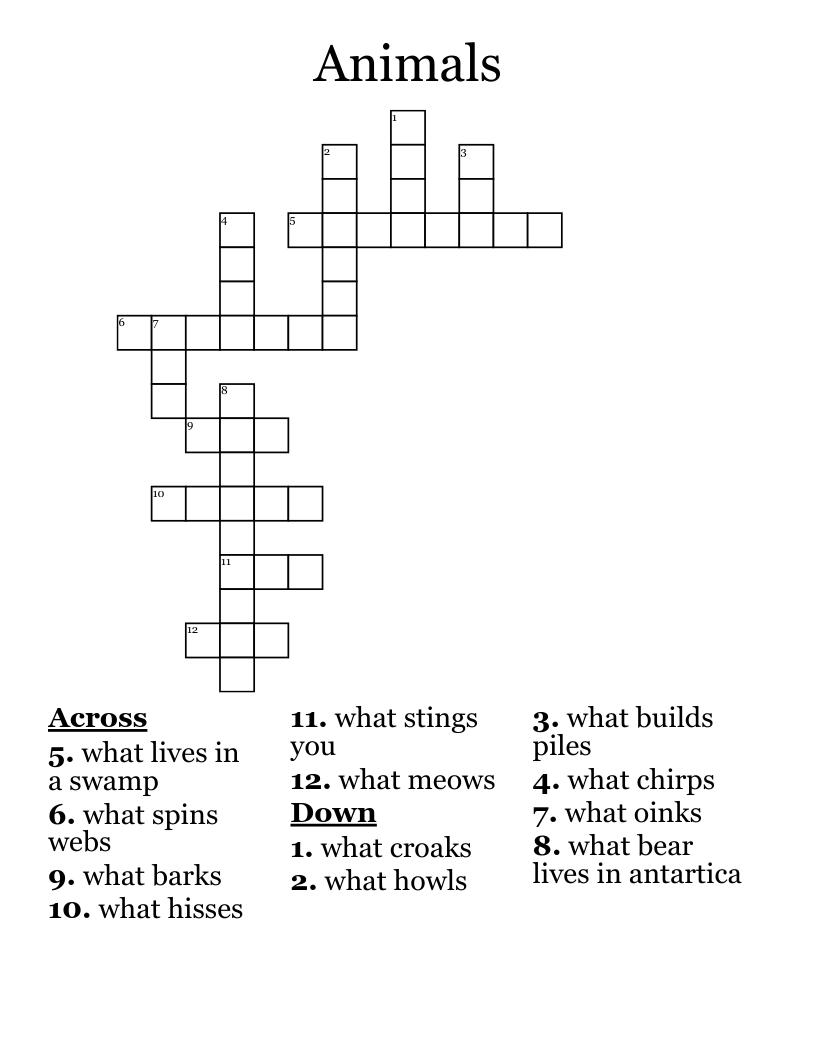 Animals Crossword WordMint