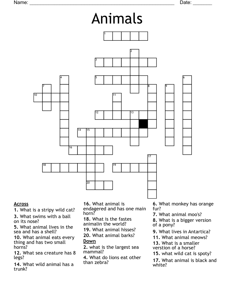 Animals Crossword WordMint