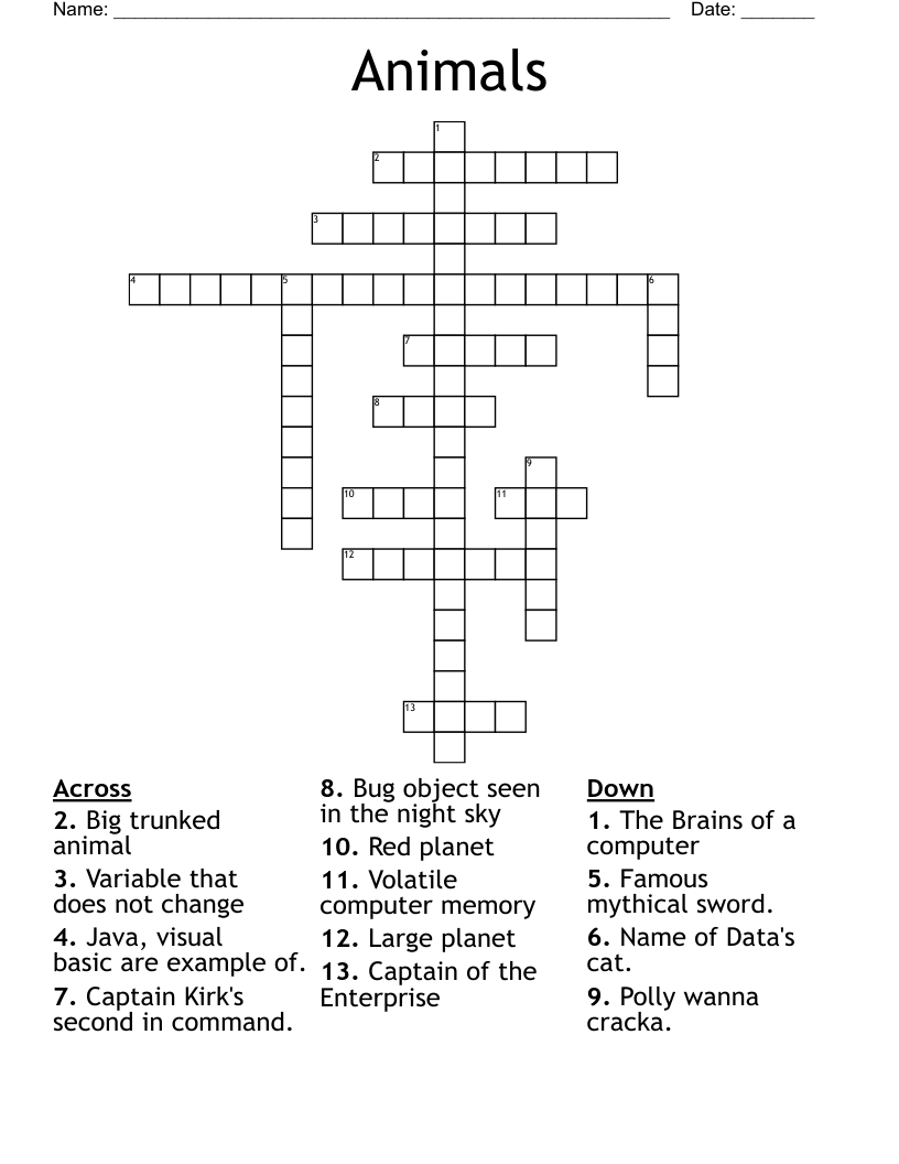 Animals Crossword WordMint