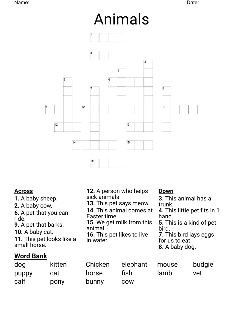 Animals Crossword WordMint