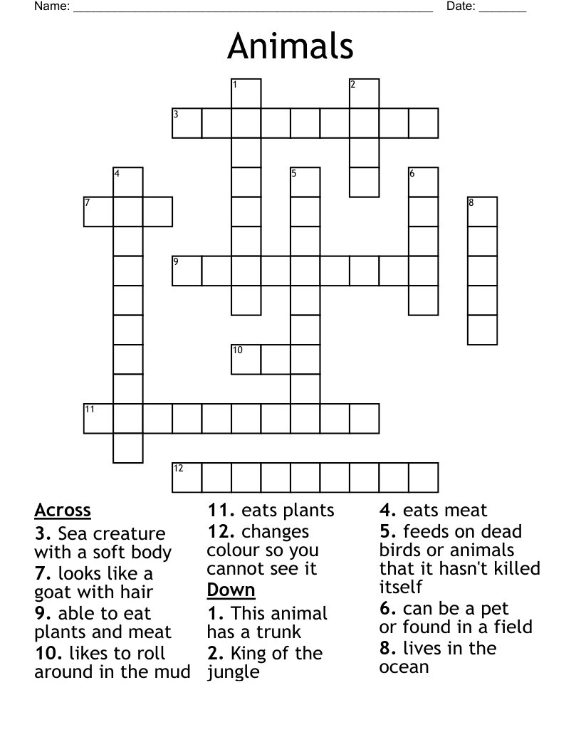 Animals Crossword WordMint