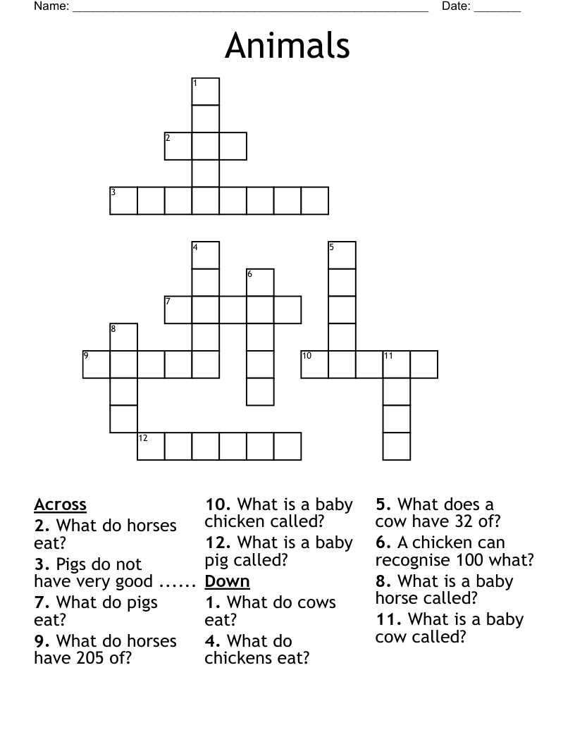 Animals Crossword WordMint