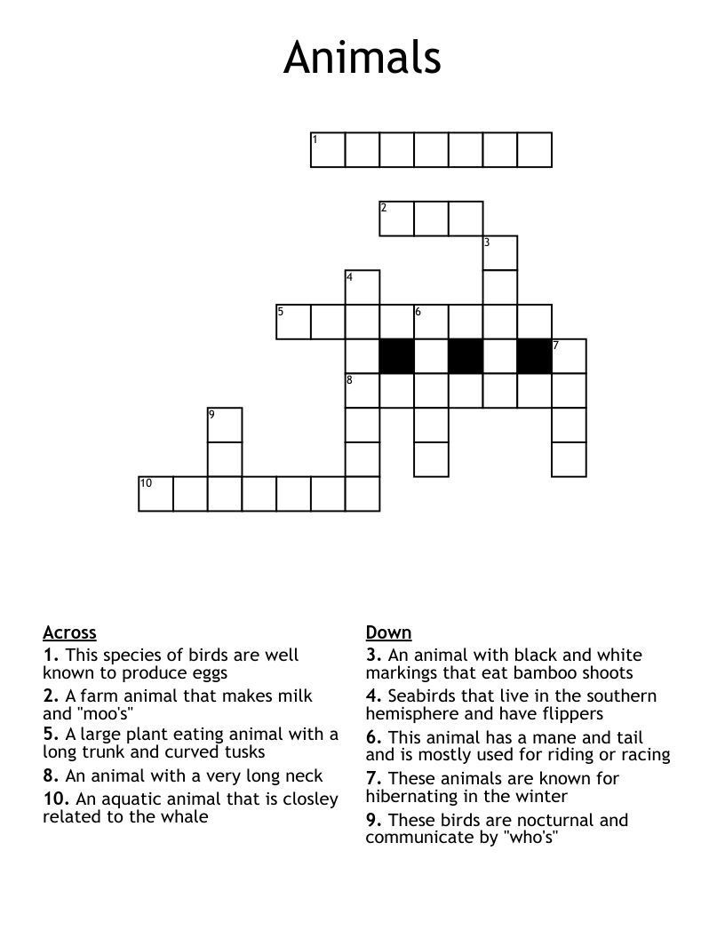 Animals Crossword WordMint