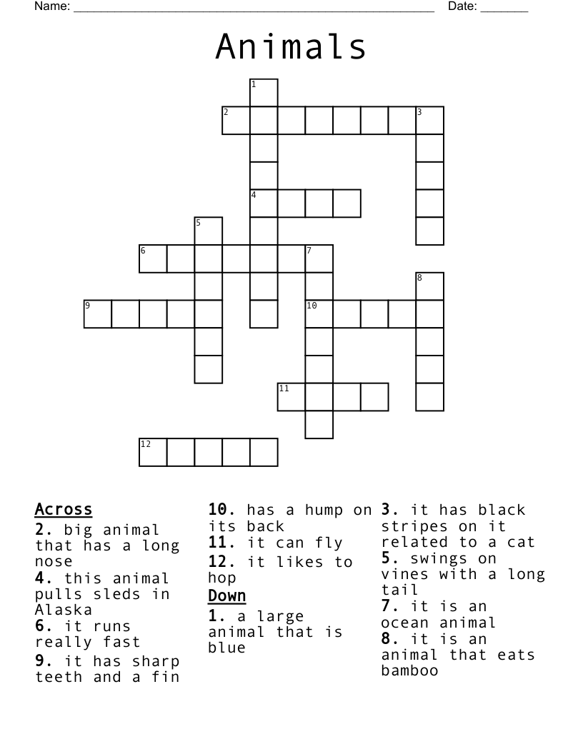 Animals Crossword WordMint