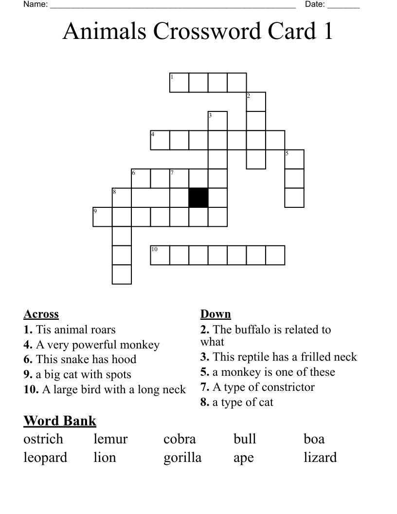 Animals Crossword Card 1 WordMint