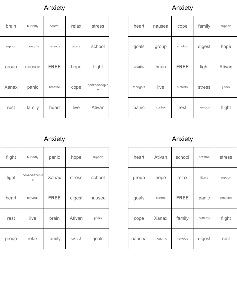 Anxiety & Stress Crosswords, Word Searches, Bingo Cards WordMint