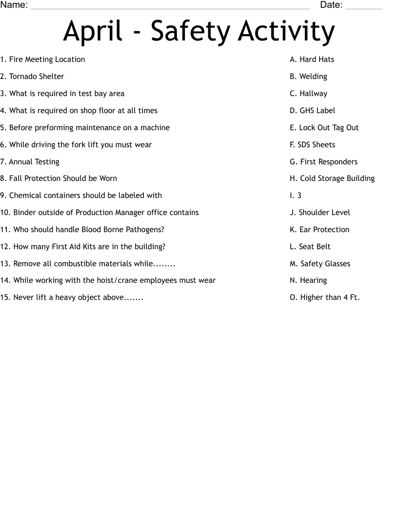 April Safety Activity Worksheet WordMint