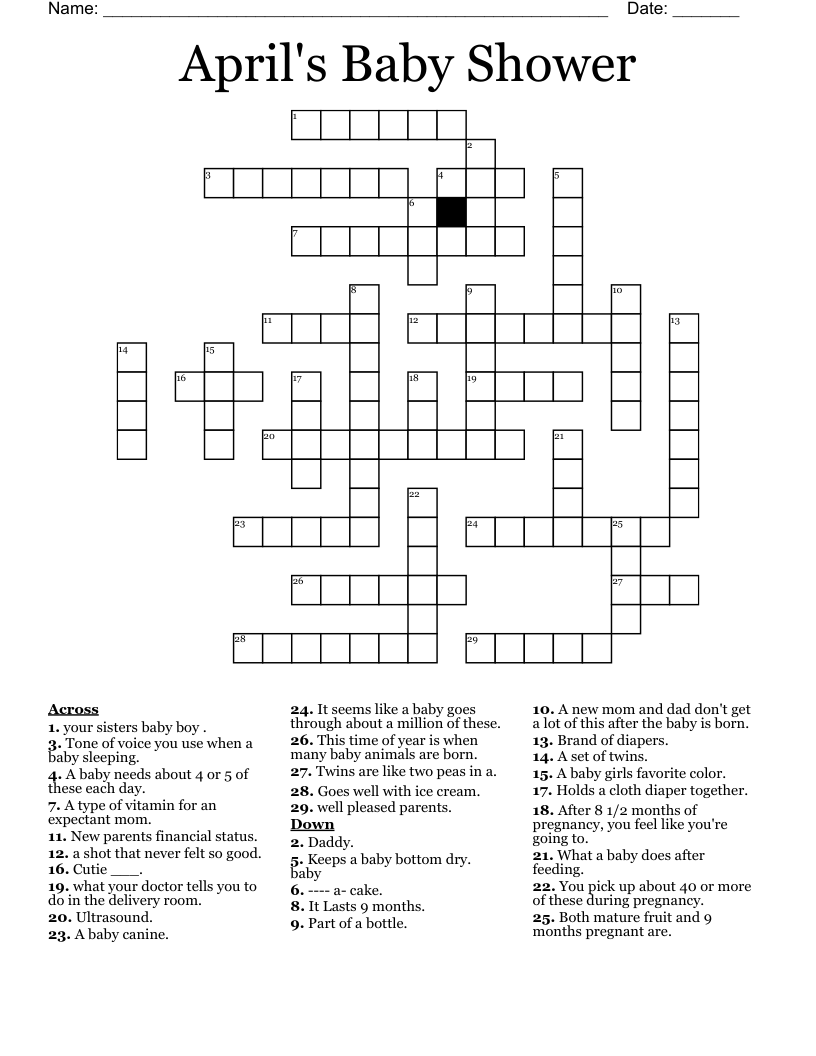 April's Baby Shower Crossword WordMint