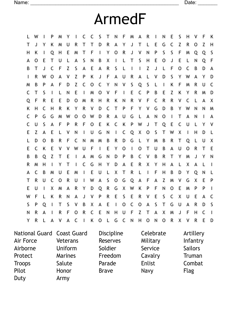 Honoring our military Word Search WordMint