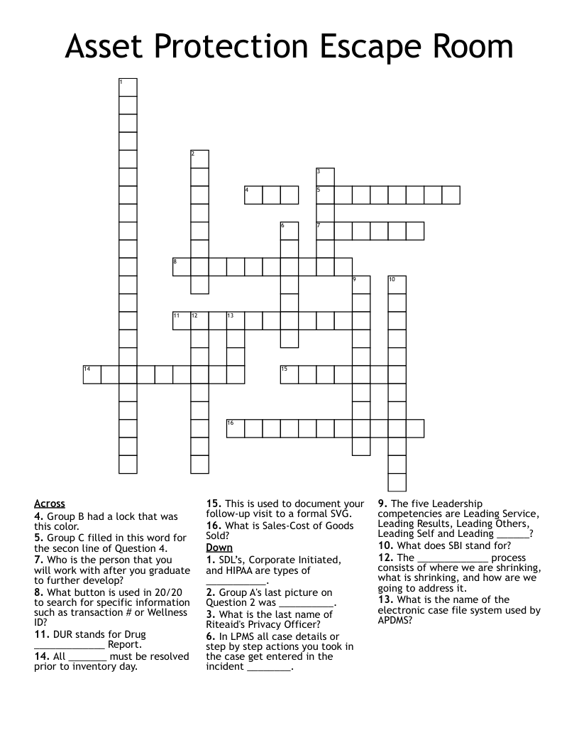 Asset Protection Escape Room Crossword WordMint