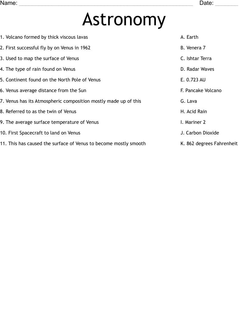 Astronomy Worksheet - WordMint