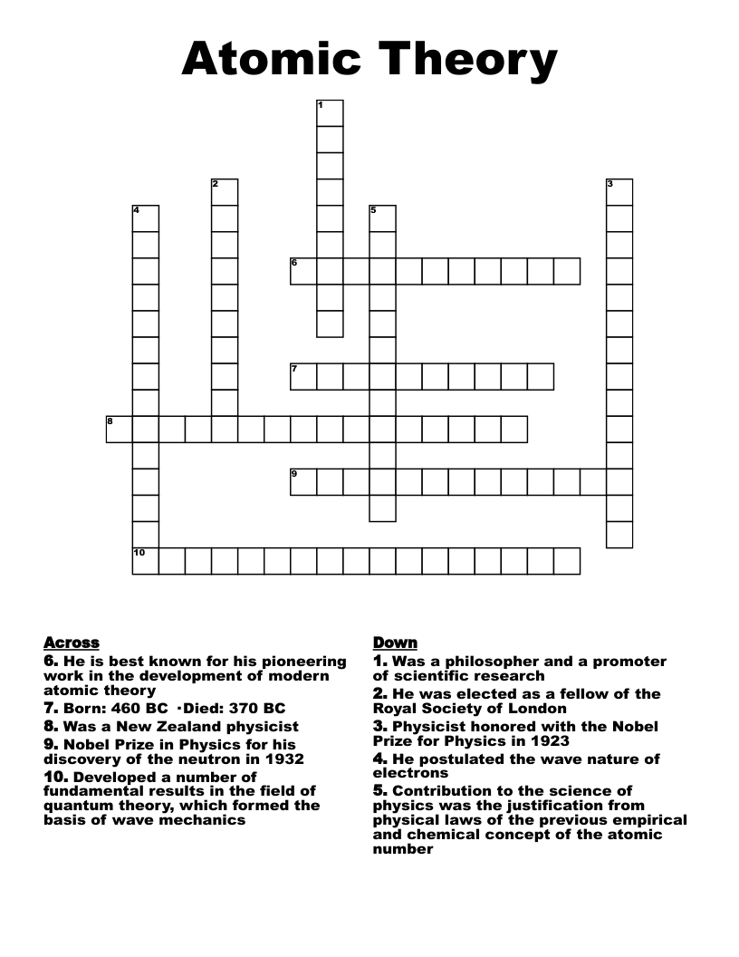 Atomic Theory Crossword Puzzle WordMint