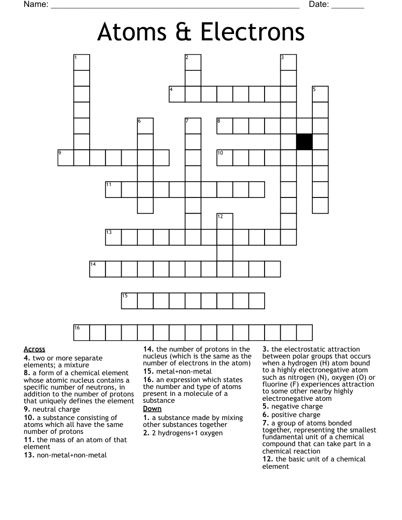 Atoms & Electrons Crossword - WordMint