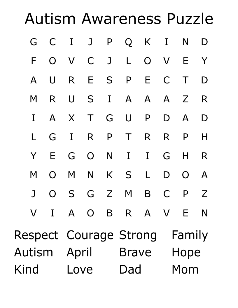 Autism Awareness Puzzle Word Search WordMint