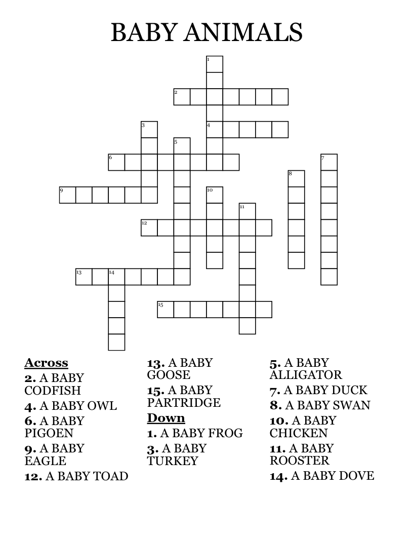 BABY ANIMALS Crossword WordMint