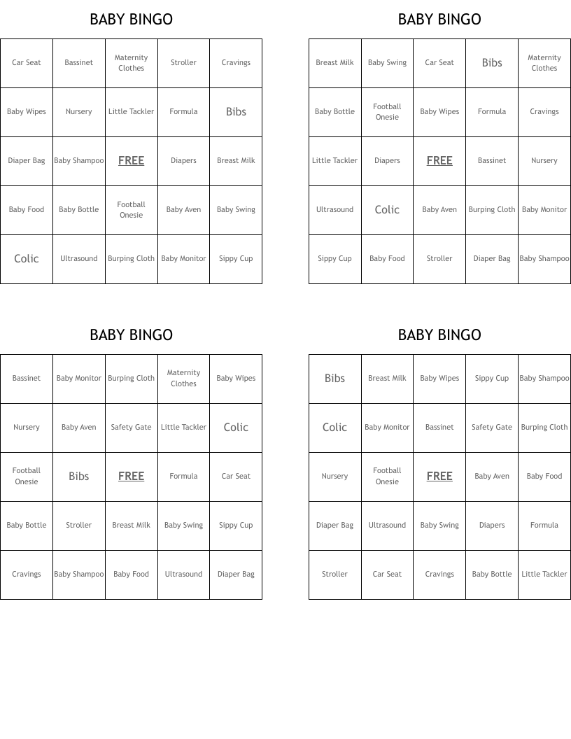 Baby Bingo Word List
