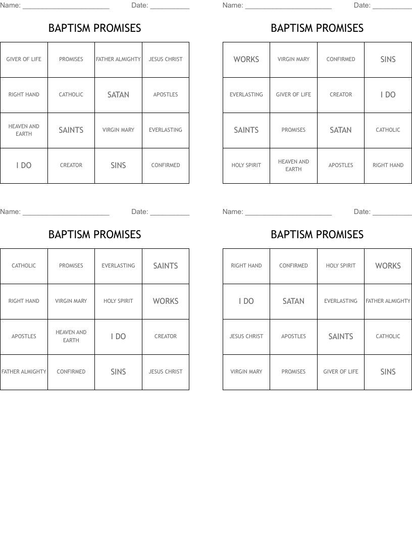 BAPTISM PROMISES Bingo Cards WordMint