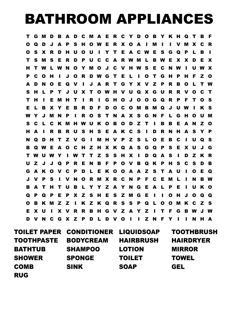 BATHROOM APPLIANCES Word Search WordMint