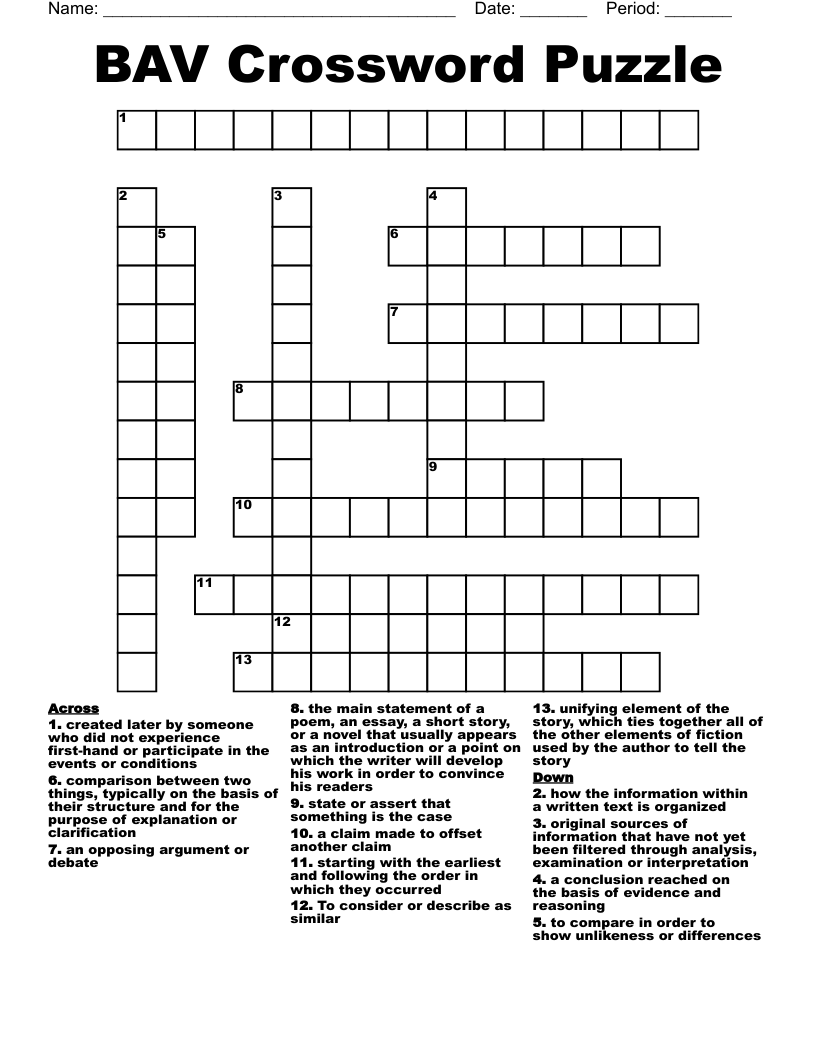 BAV Crossword Puzzle WordMint