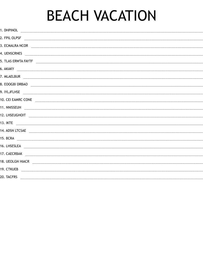 BEACH VACATION Word Scramble WordMint