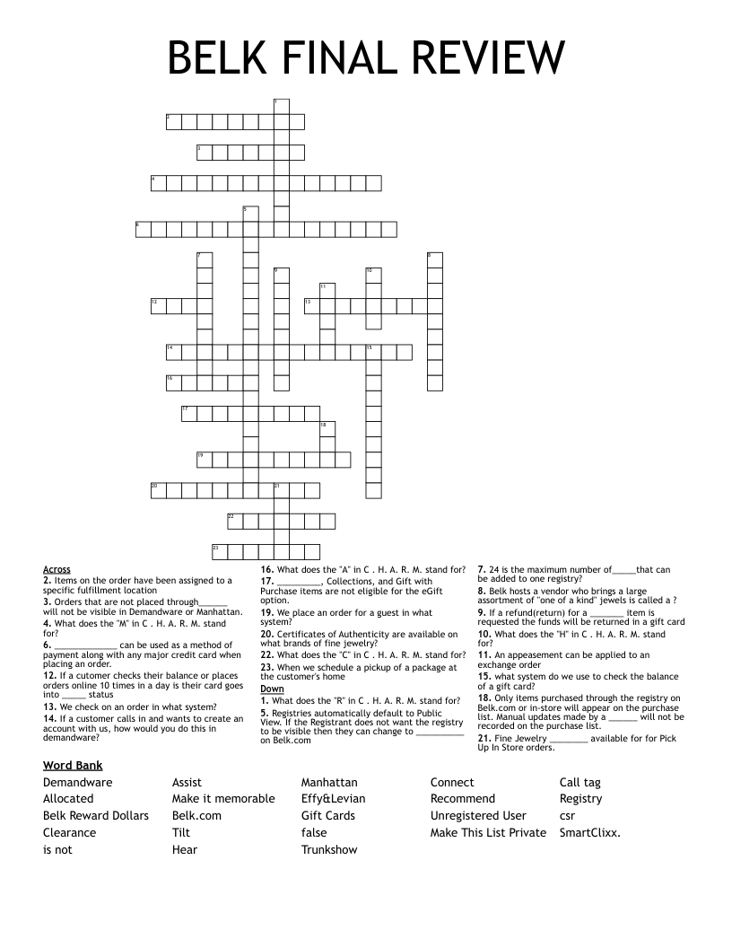 BELK FINAL REVIEW Crossword WordMint