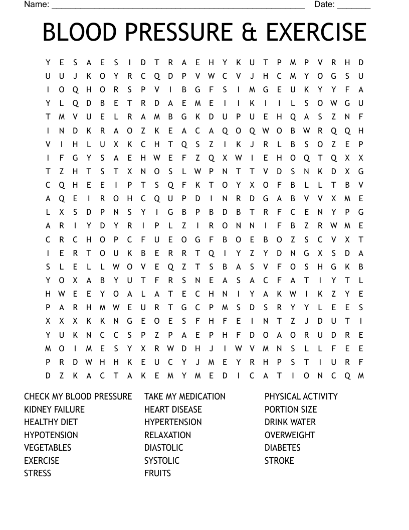 BLOOD PRESSURE & EXERCISE Word Search WordMint