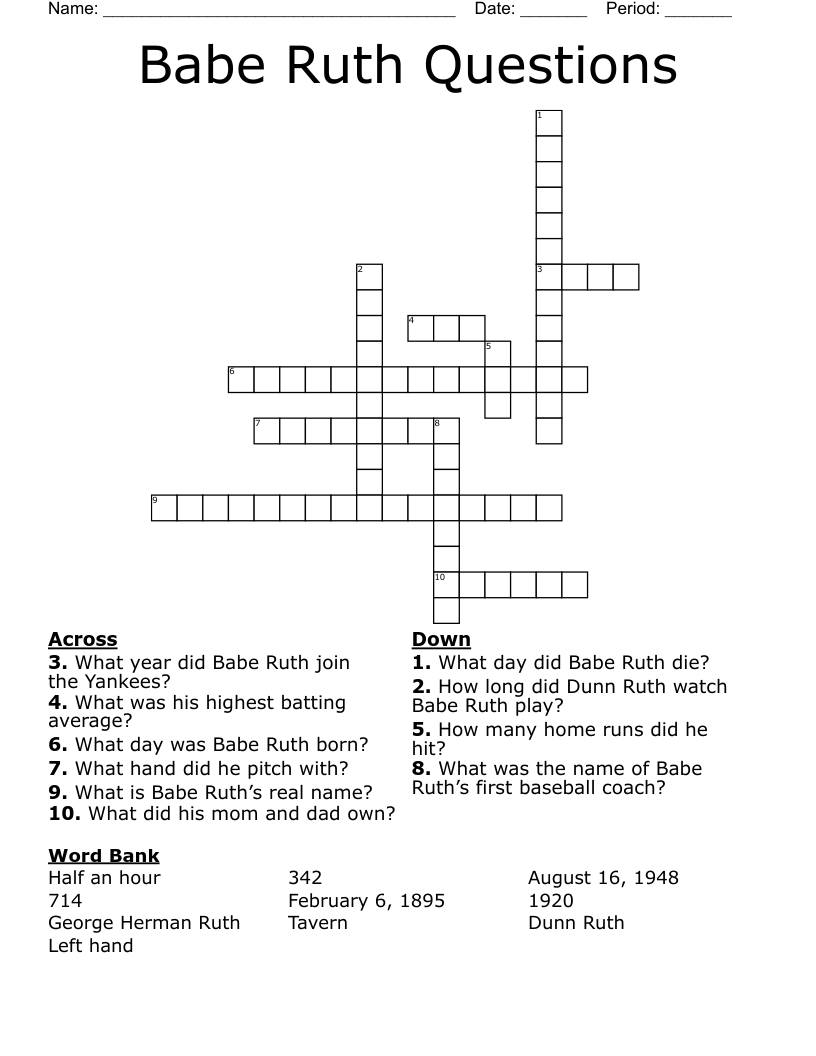 Babe Ruth Questions Crossword WordMint
