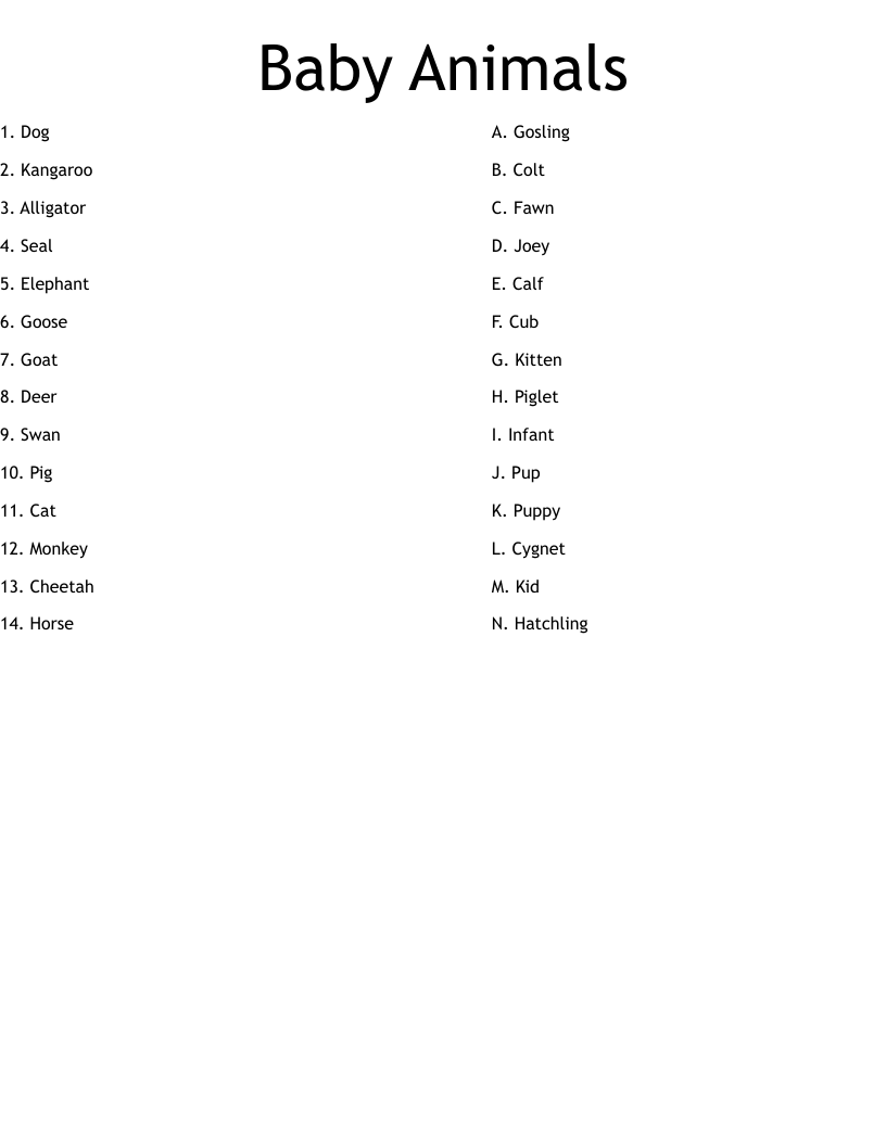Baby Animals Worksheet WordMint