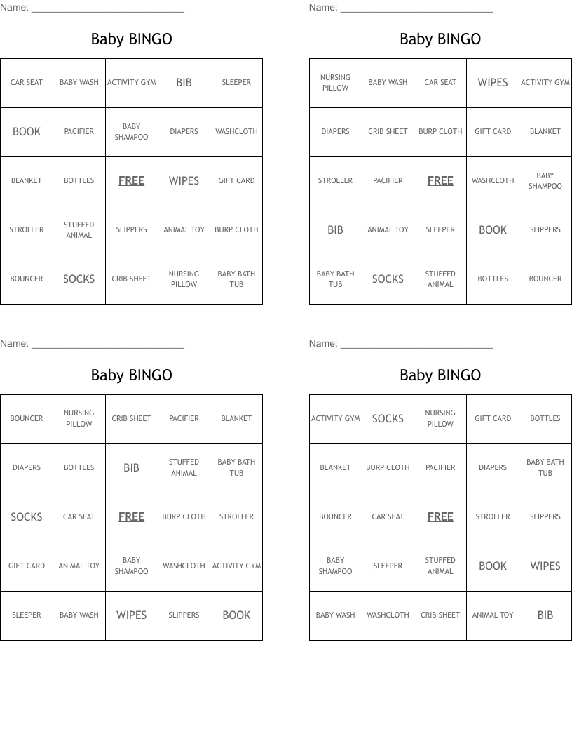 Baby Bingo Word List